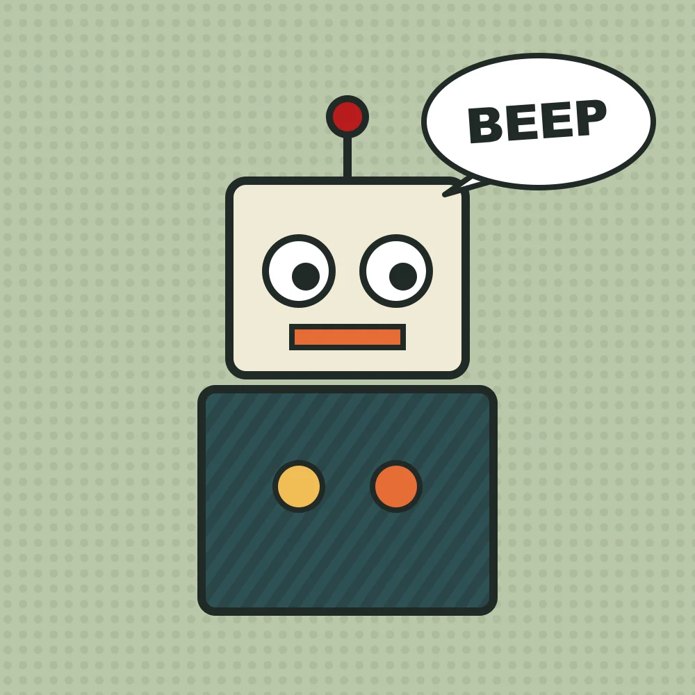 Tin Robot: Boxy toy robot with a speech balloon, for the 'Retro robots' theme.