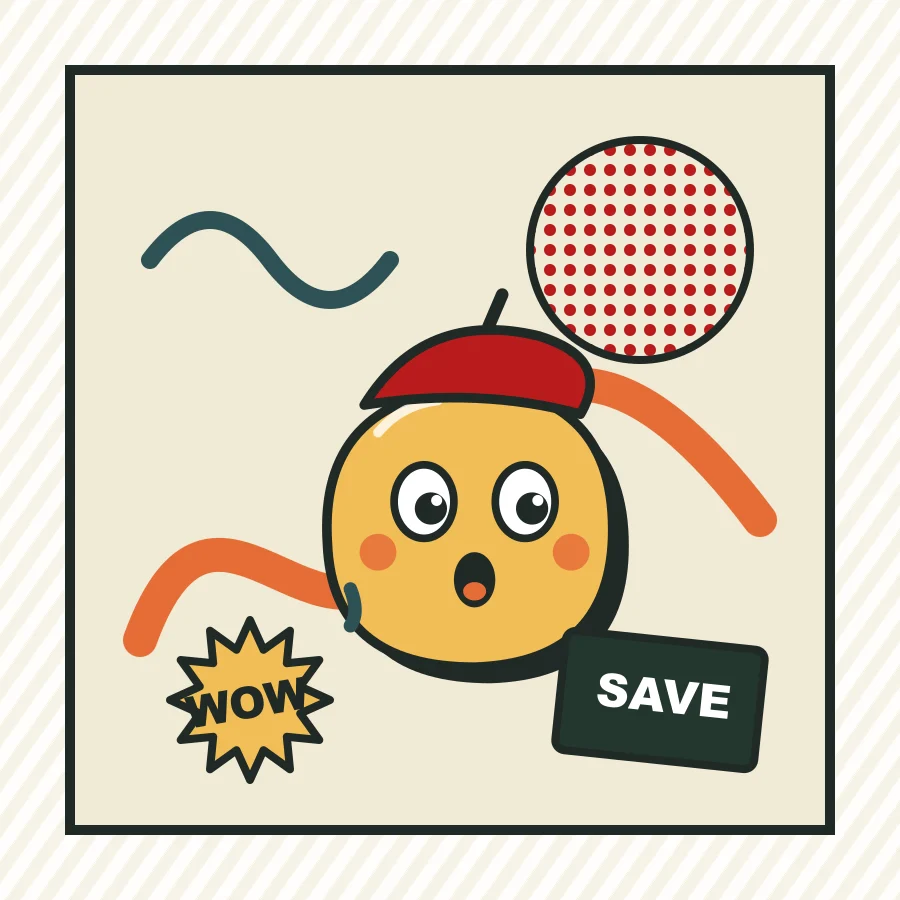 A Studio canvas with orange brush strokes, a halftone dot circle and a beret doodle looking surprised