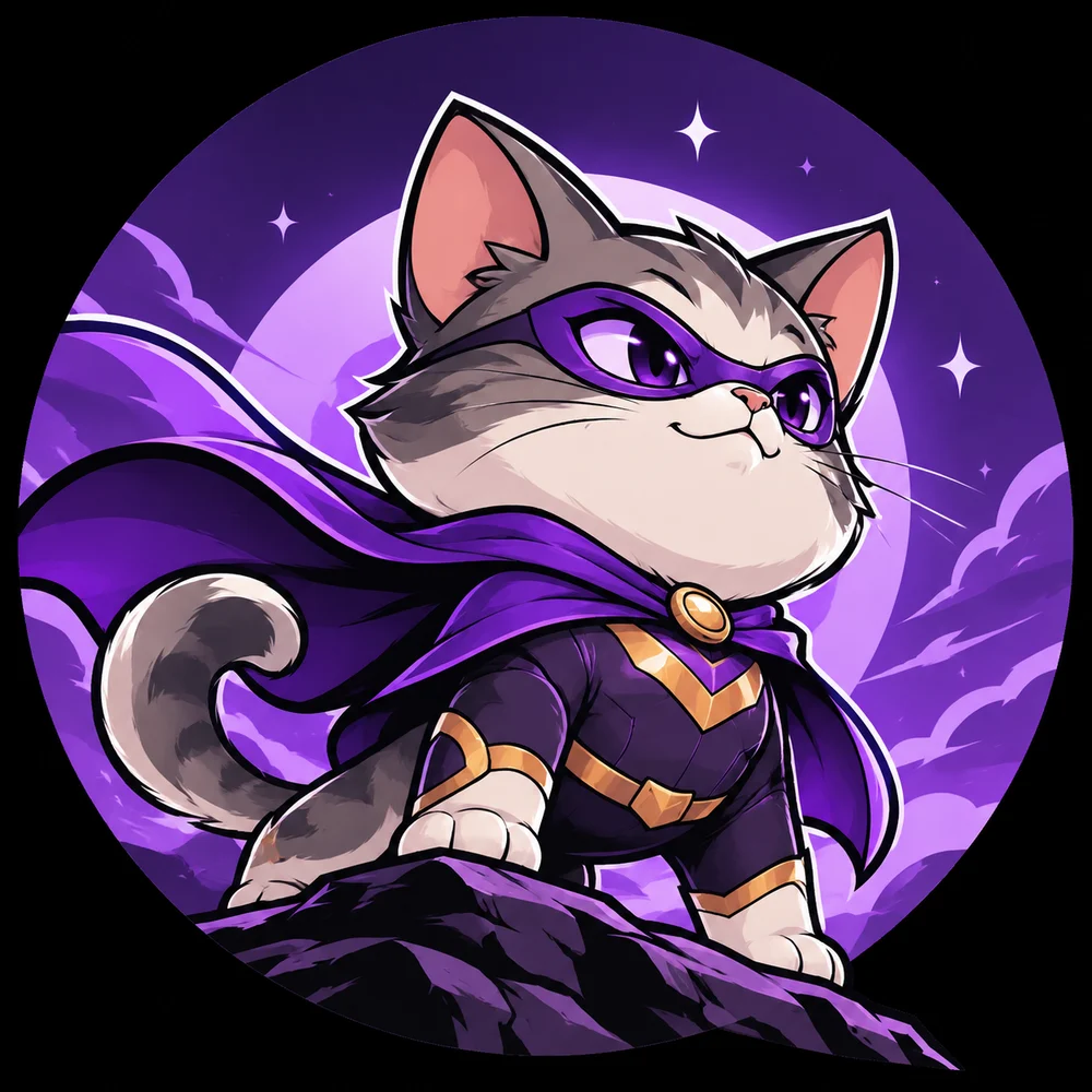 The Doodi cat: a grey cat in a purple mask and cape standing on a rock under a purple moon